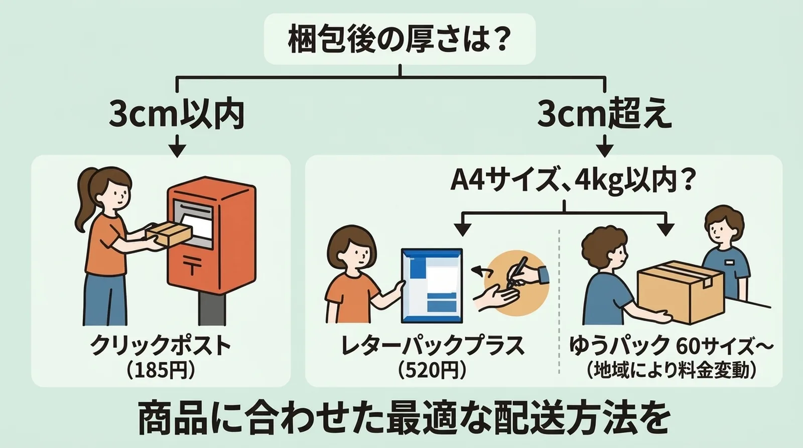 Un diagramma di flusso decisionale. Se il pacco è entro 3 cm, usa Click Post. Se supera 3 cm ma entra in Letter Pack Plus, usa quello. Altrimenti, passa a Yu-Pack o corriere espresso.