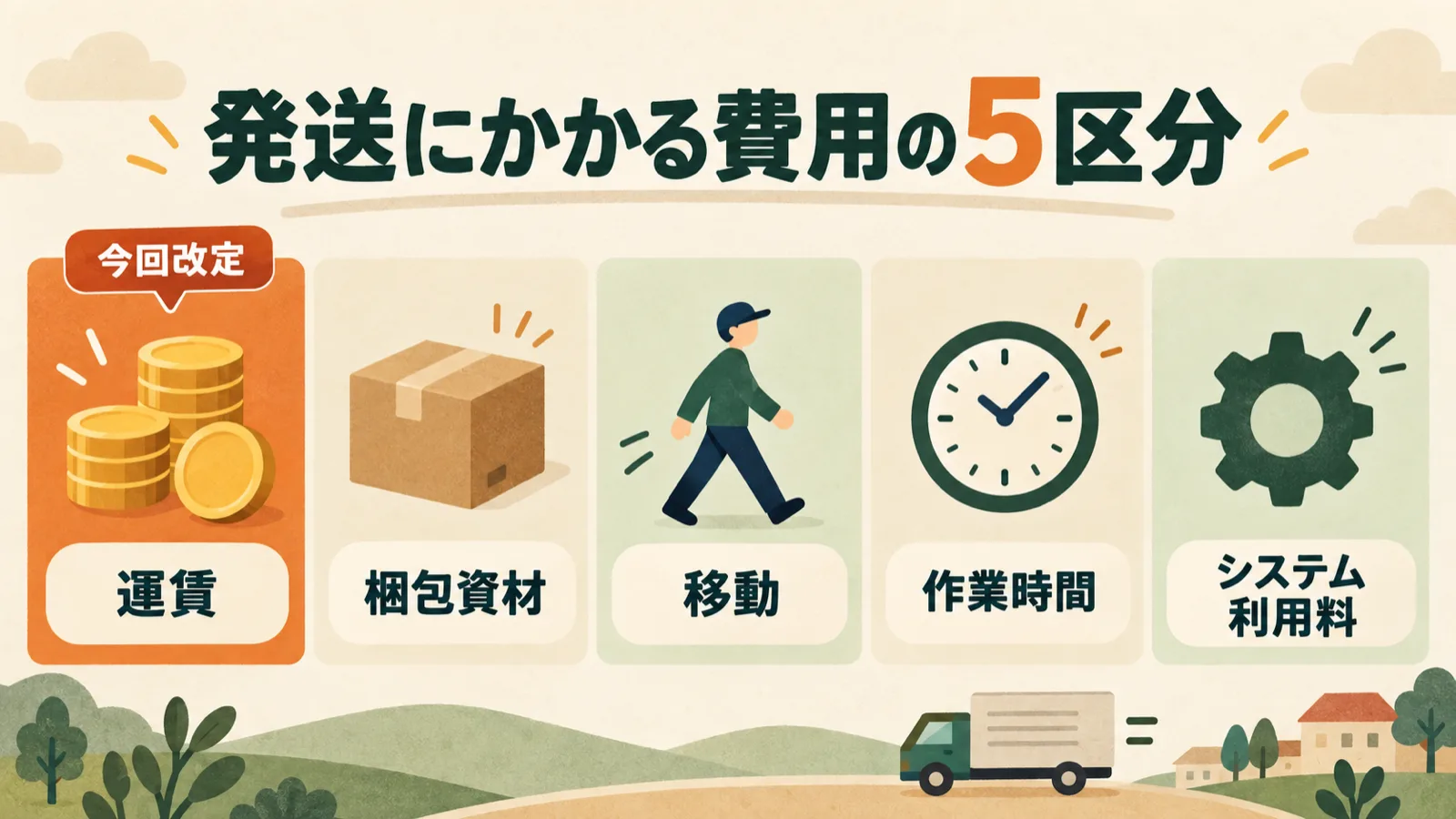 Le cinque categorie di costi di spedizione: illustrazione della suddivisione tra tariffa postale, materiali di imballaggio, spostamenti, tempo di lavoro e costi di sistema