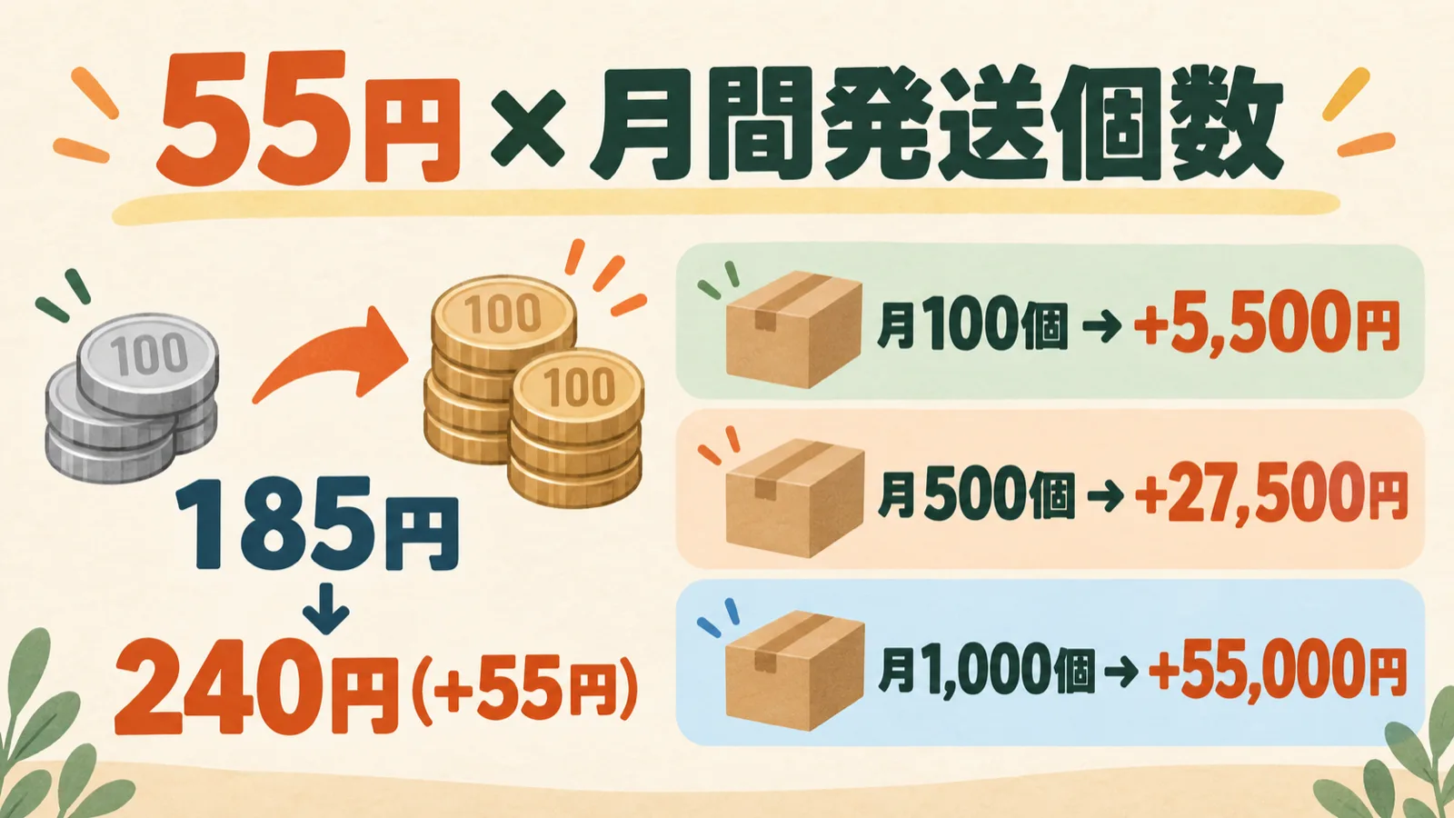 Revisione delle tariffe di Click Post e aumento dei costi in base al volume delle spedizioni: illustrazione della variazione da 185 a 240 yen e dell'aumento dei costi per 100, 500 e 1.000 colli al mese