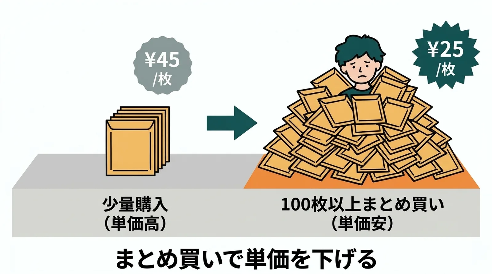 L'acquisto in volume abbassa il costo unitario. Una busta imbottita che costa 45 yen in piccole confezioni può scendere a 25 yen o meno in acquisti da 100 pezzi.