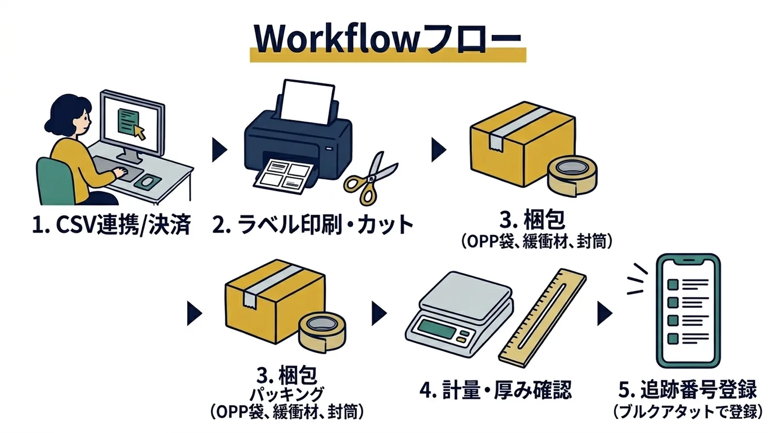 ラベル印刷設定。A4サイズ等倍印刷（100%）、白黒印刷。カットしてOPPテープで封筒に貼付