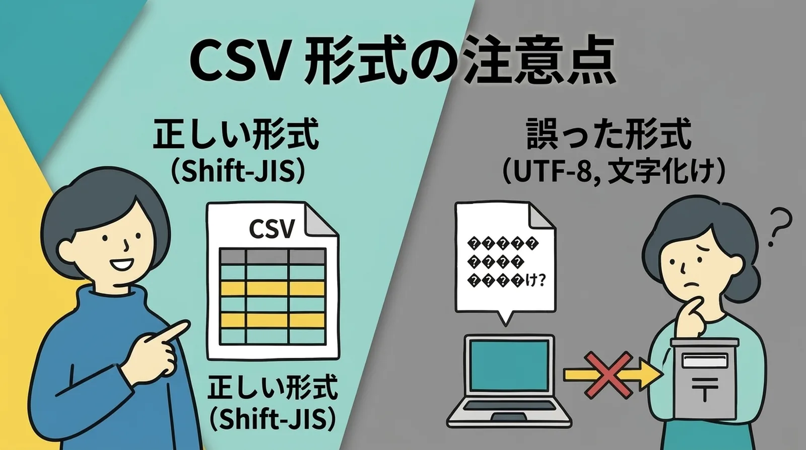 CSV形式の注意点。正しい形式(Shift-JIS)なら問題なし、誤った形式(UTF-8)だと文字化けしてクリックポストに取り込めない
