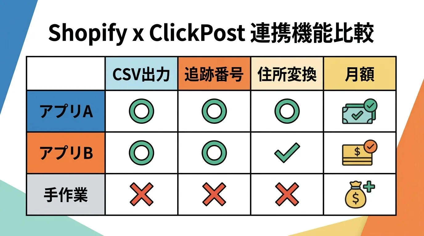 Shopify×ClickPost連携機能比較:CSV出力・追跡番号・住所変換・月額の対応状況