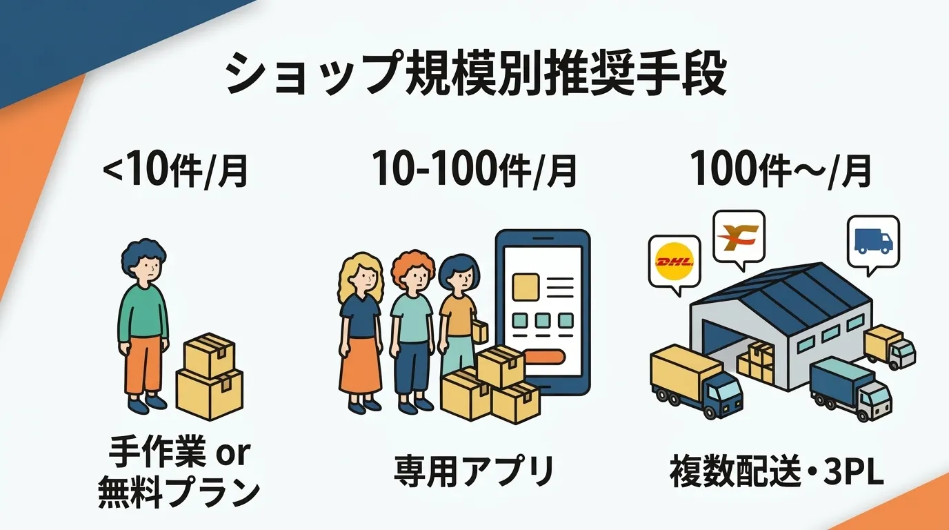 ショップ規模別推奨手段:10件以下は手作業/無料プラン、10-100件は専用アプリ、100件超は複数配送・3PL