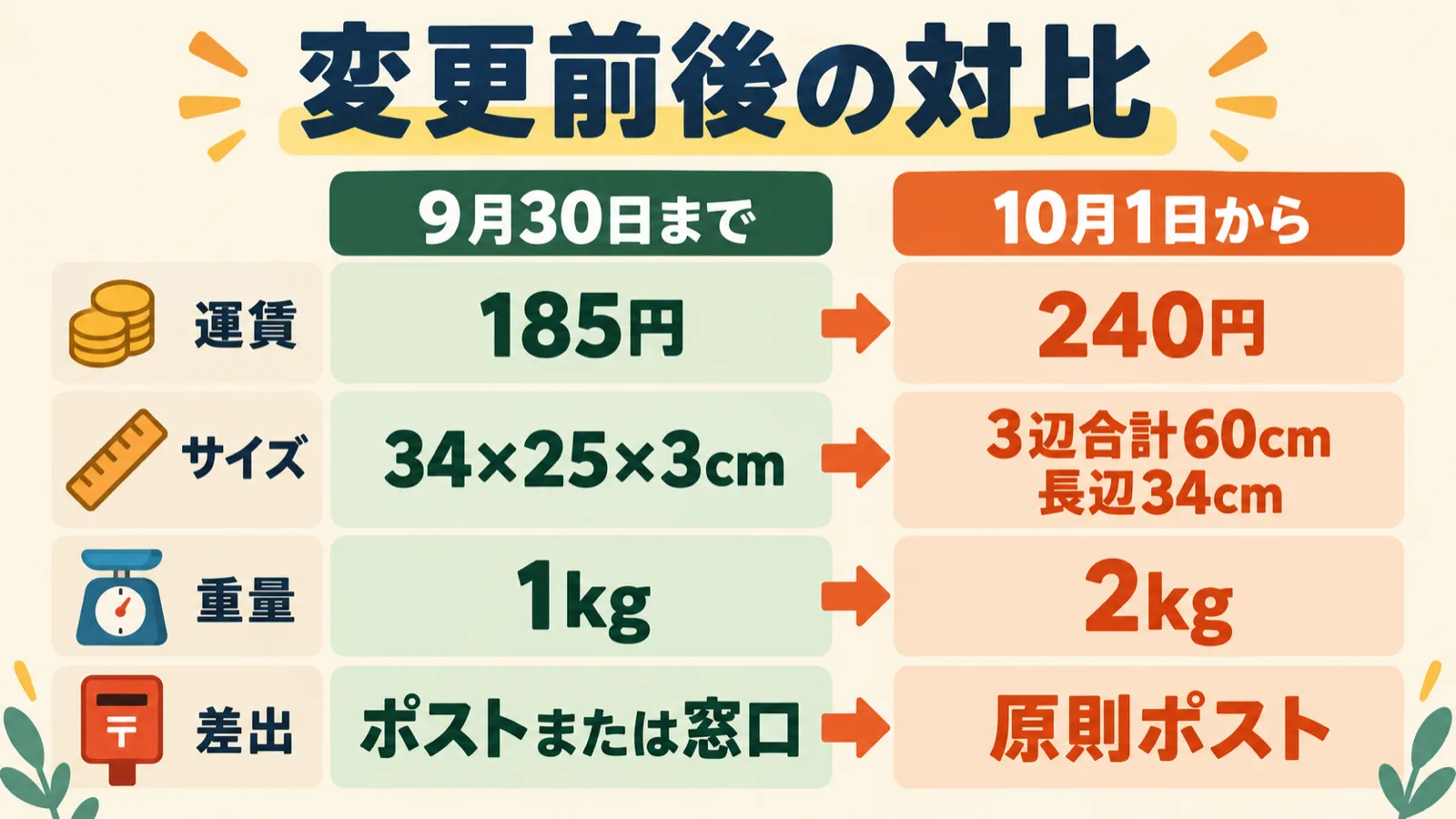 9月30日までの現行条件と10月1日からの新条件の対比。料金・サイズ・重量・差出方法の4項目を変更前後で並べた図