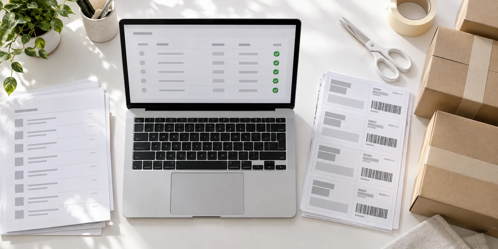 Vista cenital de una mesa de trabajo con documentos de pedidos, un portátil, etiquetas de envío y cajas empaquetadas, que representa la ida y vuelta entre el envío de datos de pedidos y el retorno de los números de seguimiento