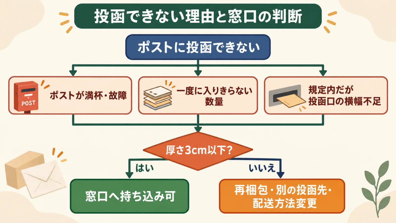 投函できない理由の切り分けと窓口例外の判定フロー。満杯・故障、数量、投函口の横幅の3条件と、厚さ3cm以下の条件を両方確認してから窓口へ持ち込む