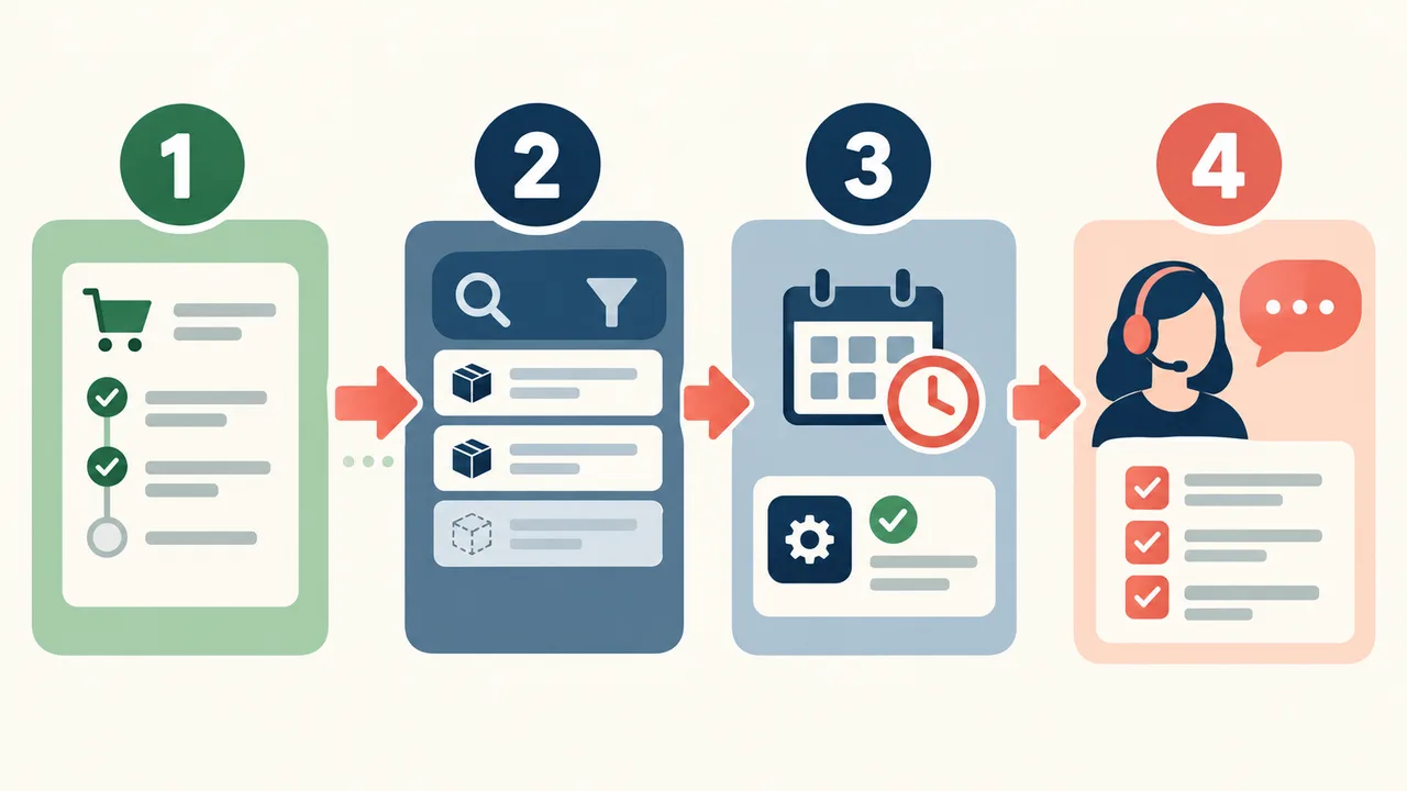 Vierstufiger Prüfablauf: die ursprüngliche Shopify-Bestellung öffnen, Filter der Versand-App prüfen, die Unterstützung für ältere Bestellungen kontrollieren und den Support kontaktieren