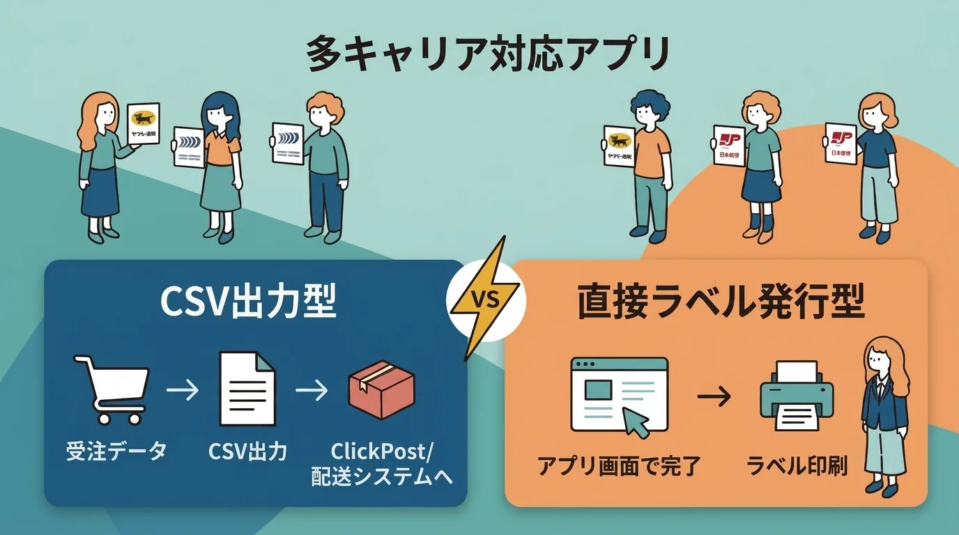 Diferencia entre exportacion CSV y emision directa de etiquetas. Con CSV, exportas los datos de pedidos y los subes al sistema del transportista. Con emision directa, todo se resuelve desde la app y se imprime al instante