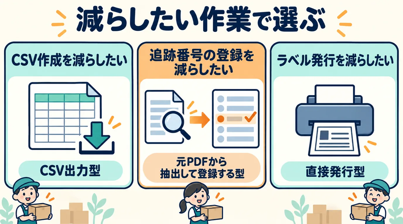 Choosing by the task you want to cut: CSV-export apps if you want to cut CSV preparation, apps that extract from the original PDF and register if you want to cut tracking number registration, and direct-issue apps if you want to cut label issuance