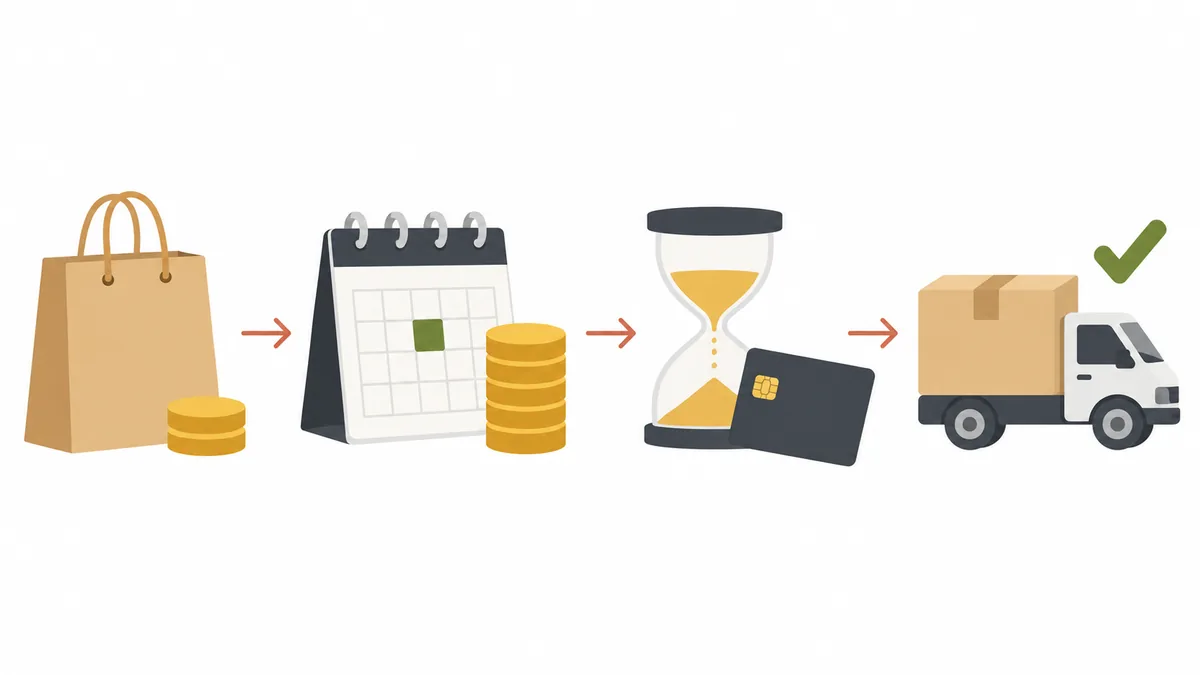 Flow: the customer pays a deposit at checkout, the balance is charged on the due date, and shipping follows on the planned date after a buffer of days that lets a failed charge be fixed