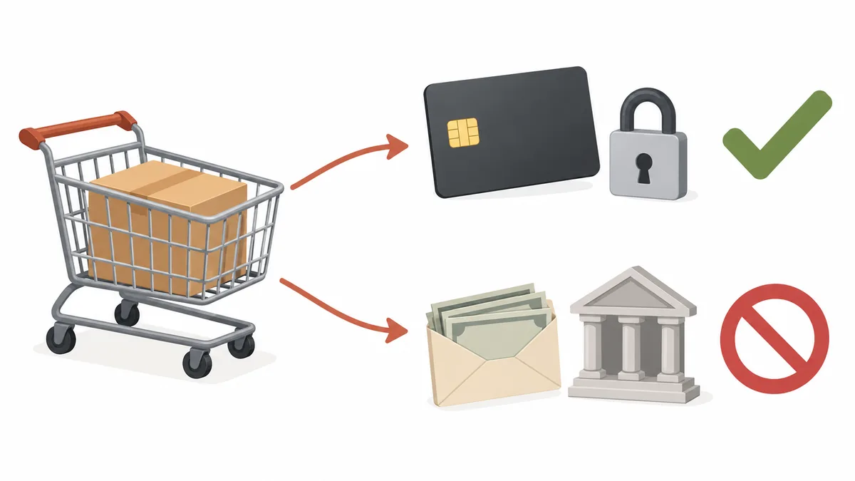 Diagram showing that deposit products can be bought with payments that save the payment method, such as card payments, but not with cash on delivery or bank transfer