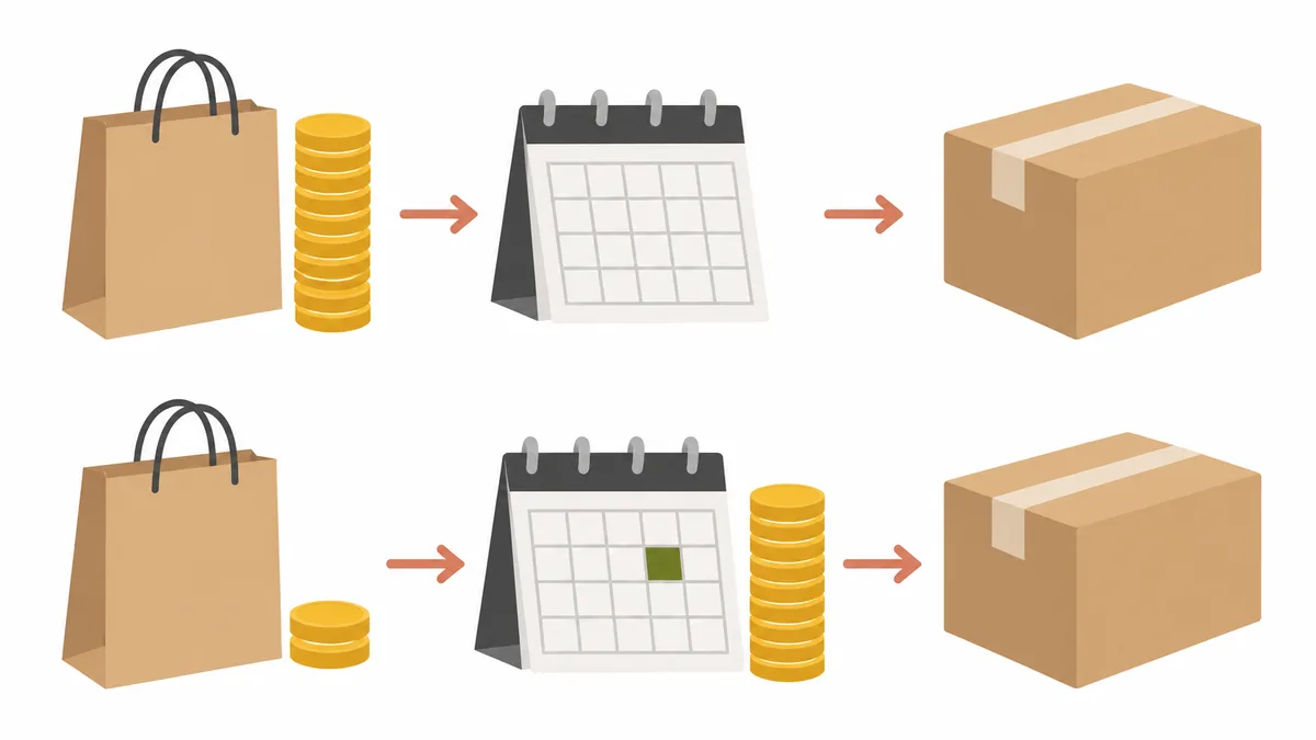 Full prepayment: the customer pays the whole price at order time. Deposit: a small part at order time and the rest on the due date. In both cases the product arrives later