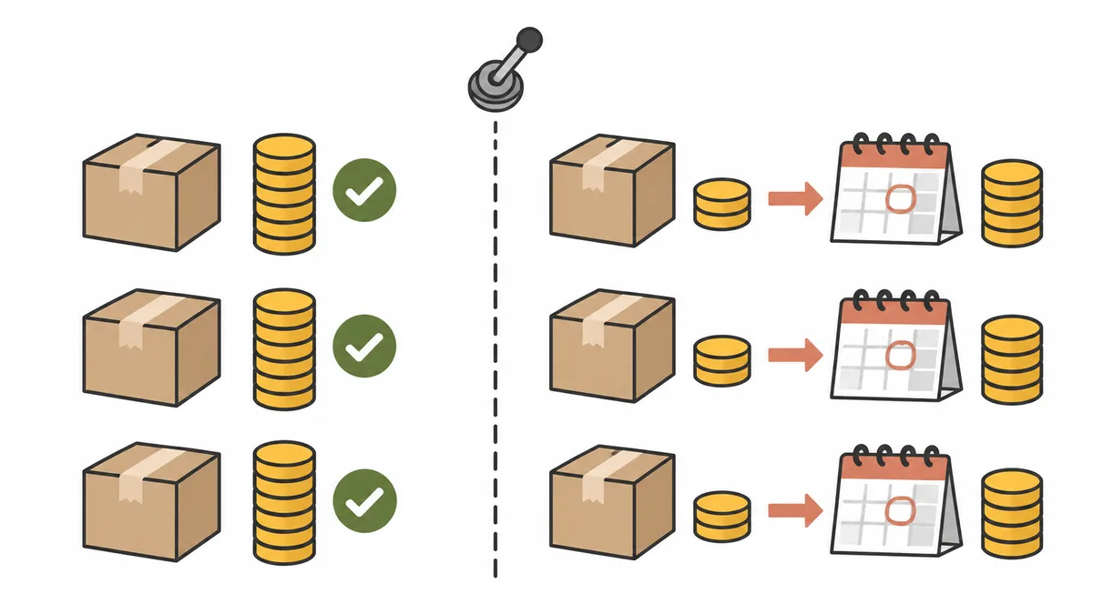 Diagram split by a vertical dotted line at the moment of switching to a deposit. Orders on the left, from before the switch, stay fully paid at purchase. Orders on the right, from after the switch, pay a deposit at purchase, and the balance is charged automatically on the due date shown on a calendar