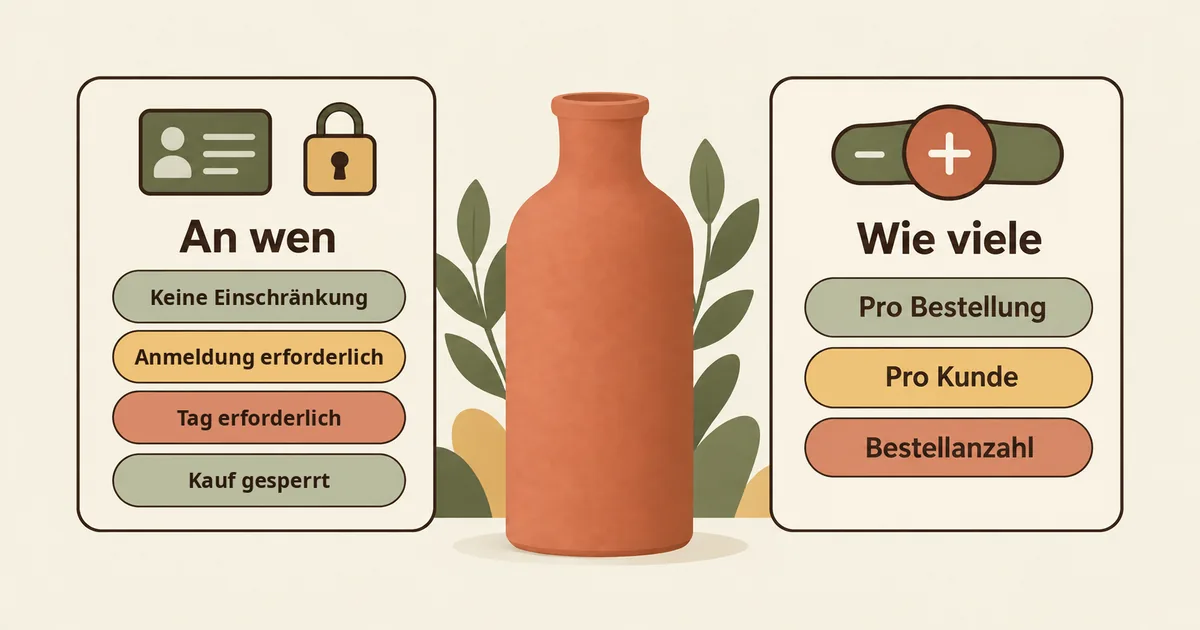 Karten für „An wen“ (Alle, Anmeldung, Tag nötig, Gestoppt) und „Wie viele“ (Pro Bestellung, Pro Kunde, Bestellanzahl)
