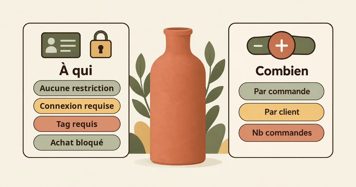 Cartes « À qui » (Tous, Connexion, Tag requis, Suspendue) et « Combien » (Par commande, Par client, Nb commandes)