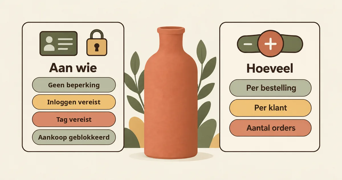 Kaarten voor „Aan wie“ (Iedereen, Inloggen, Tag vereist, Gestopt) en „Hoeveel“ (Per bestelling, Per klant, Aantal orders)