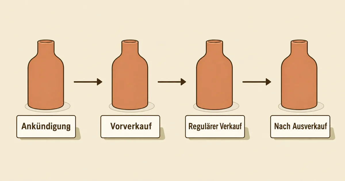 Dasselbe Produkt durchläuft die Phasen Ankündigung, Vorverkauf, Regulärer Verkauf und Nach Ausverkauf