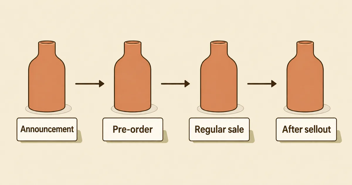 The same product progressing through the stages Announcement, Pre-order, Regular sale and After sellout