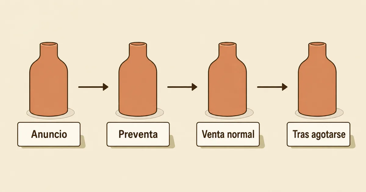 El mismo producto avanza por las fases Anuncio, Preventa, Venta normal y Tras agotarse