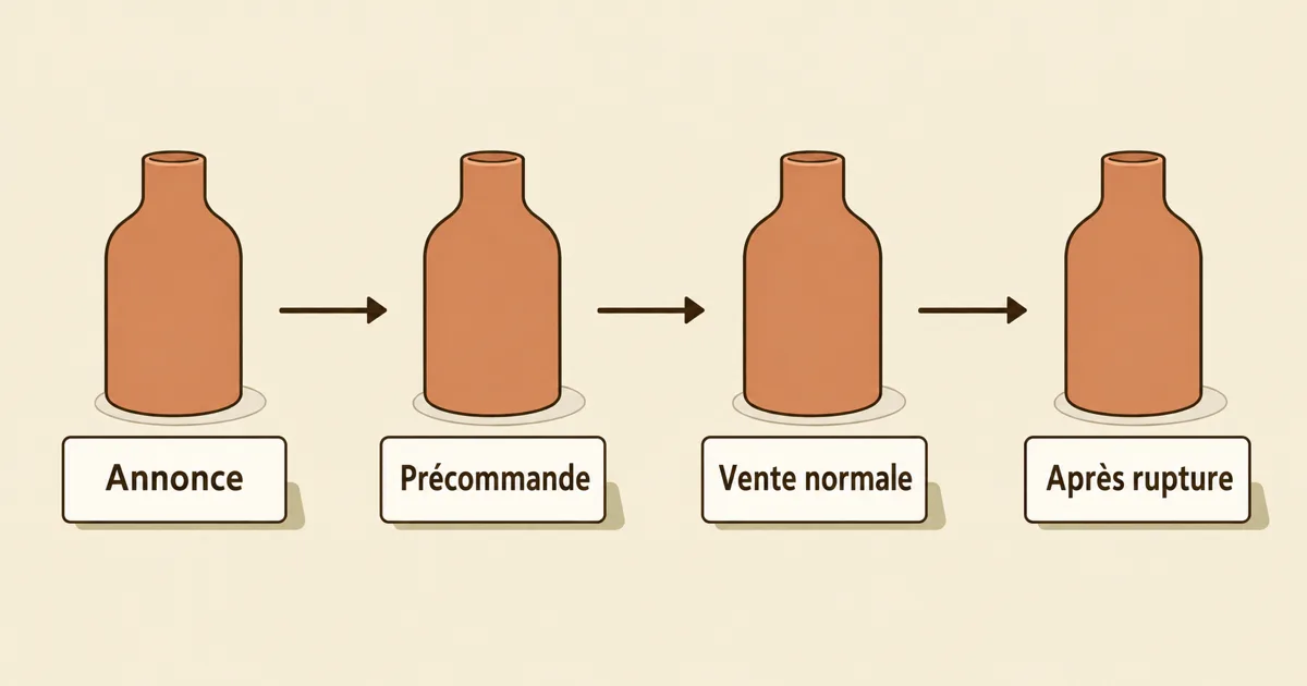 Le même produit suit les étapes Annonce, Précommande, Vente normale et Après rupture