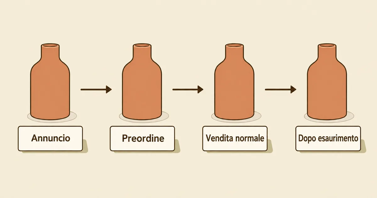 Lo stesso prodotto avanza nelle fasi Annuncio, Preordine, Vendita normale e Dopo esaurimento
