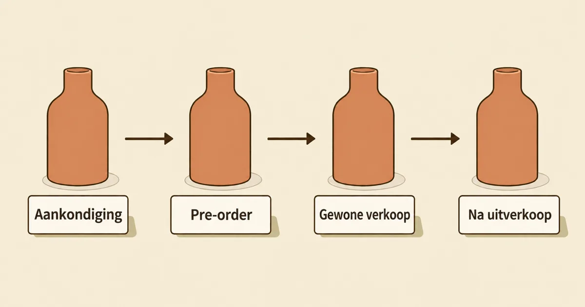 Hetzelfde product doorloopt de fasen Aankondiging, Pre-order, Gewone verkoop en Na uitverkoop