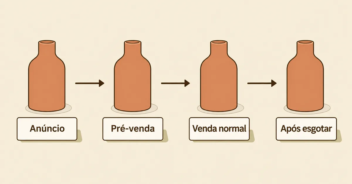 O mesmo produto avança pelas fases Anúncio, Pré-venda, Venda normal e Após esgotar