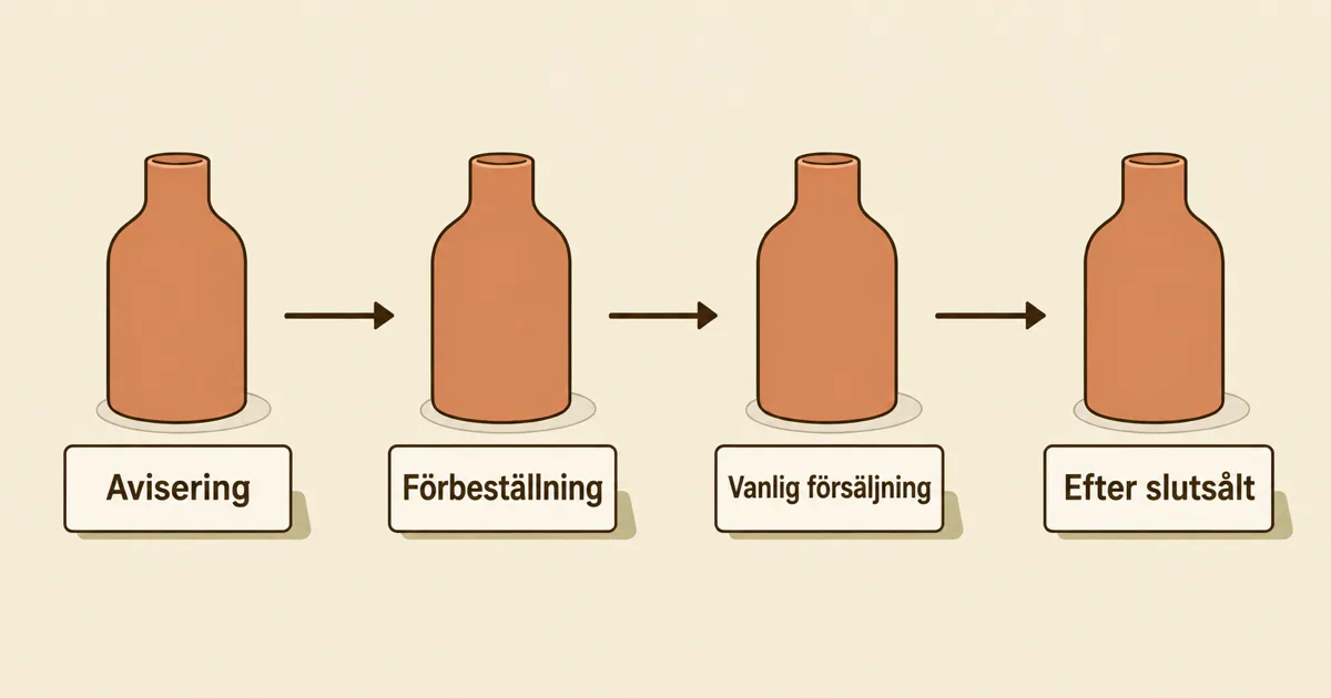 Samma produkt går igenom faserna Avisering, Förbeställning, Vanlig försäljning och Efter slutsålt