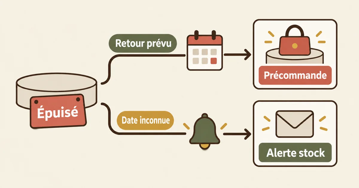 Un produit épuisé bifurque vers Précommande si le retour est prévu et Alerte stock si la date est inconnue