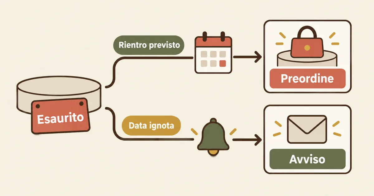 Un prodotto esaurito si divide in Preordine se il rientro è previsto e Avviso se la data è ignota
