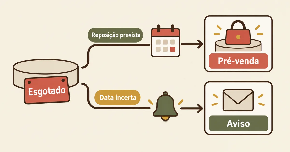 Um produto esgotado se divide em Pré-venda quando a reposição é prevista e Aviso quando a data é incerta