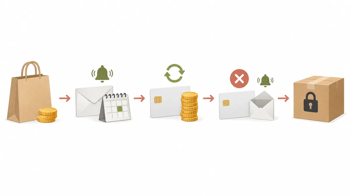 What happens after the deposit, where apps differ: a reminder before the due date, an automatic balance charge on the due date, notices to the customer and the store when the charge fails, and shipping held until the balance is paid