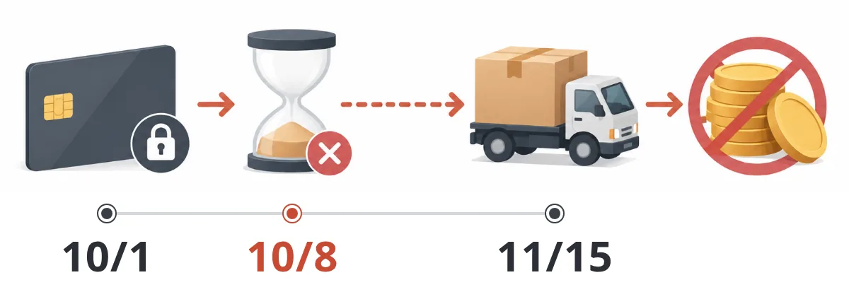 A card pre-order placed on October 1 has its amount held by an authorization, but the authorization expires around October 8, so when the item ships on November 15 nothing is captured and the store receives no money