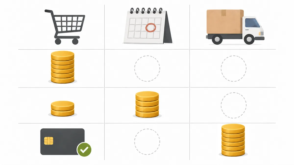 The three options, full payment up front, deposit and balance, and charge at shipment, compared across three columns: at checkout, on the due date and at shipment. Full payment collects everything at checkout, deposit and balance collects the deposit at checkout and the balance on the due date, and charge at shipment only saves the payment method at checkout and collects the full amount at shipment
