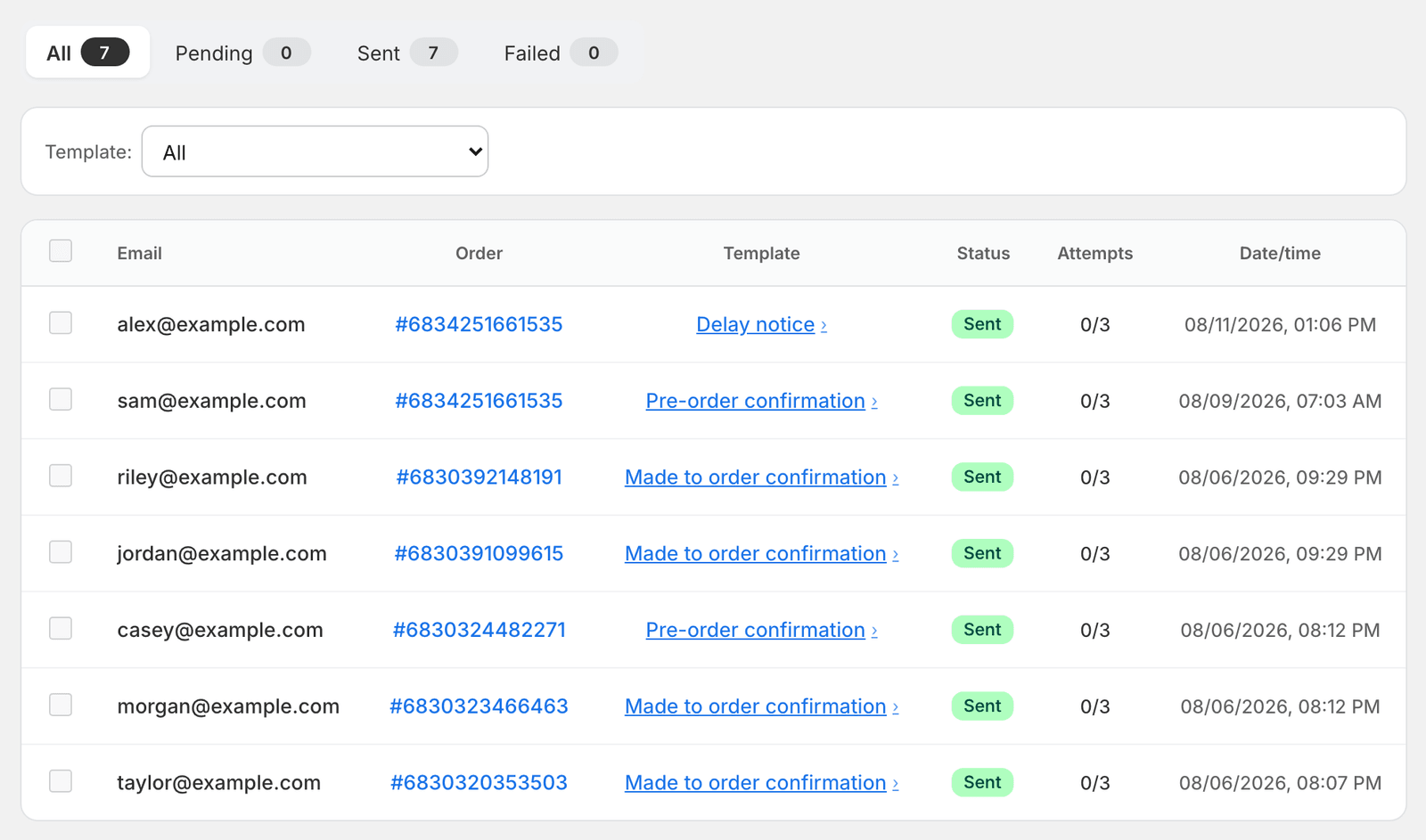 The email template list. Each purpose has its own subject and body, split by language.