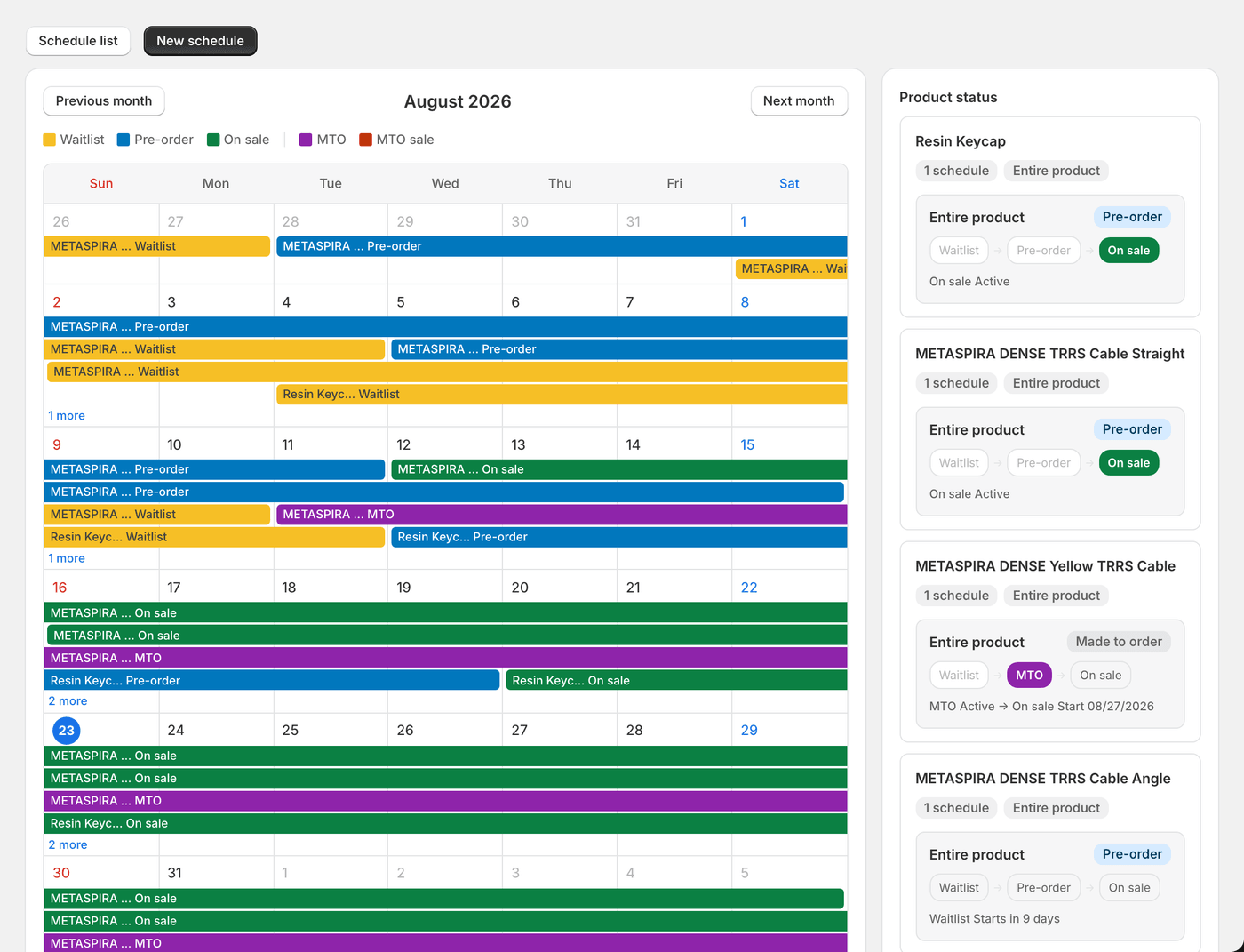 The sales calendar. Every product's plan for the month at a glance.