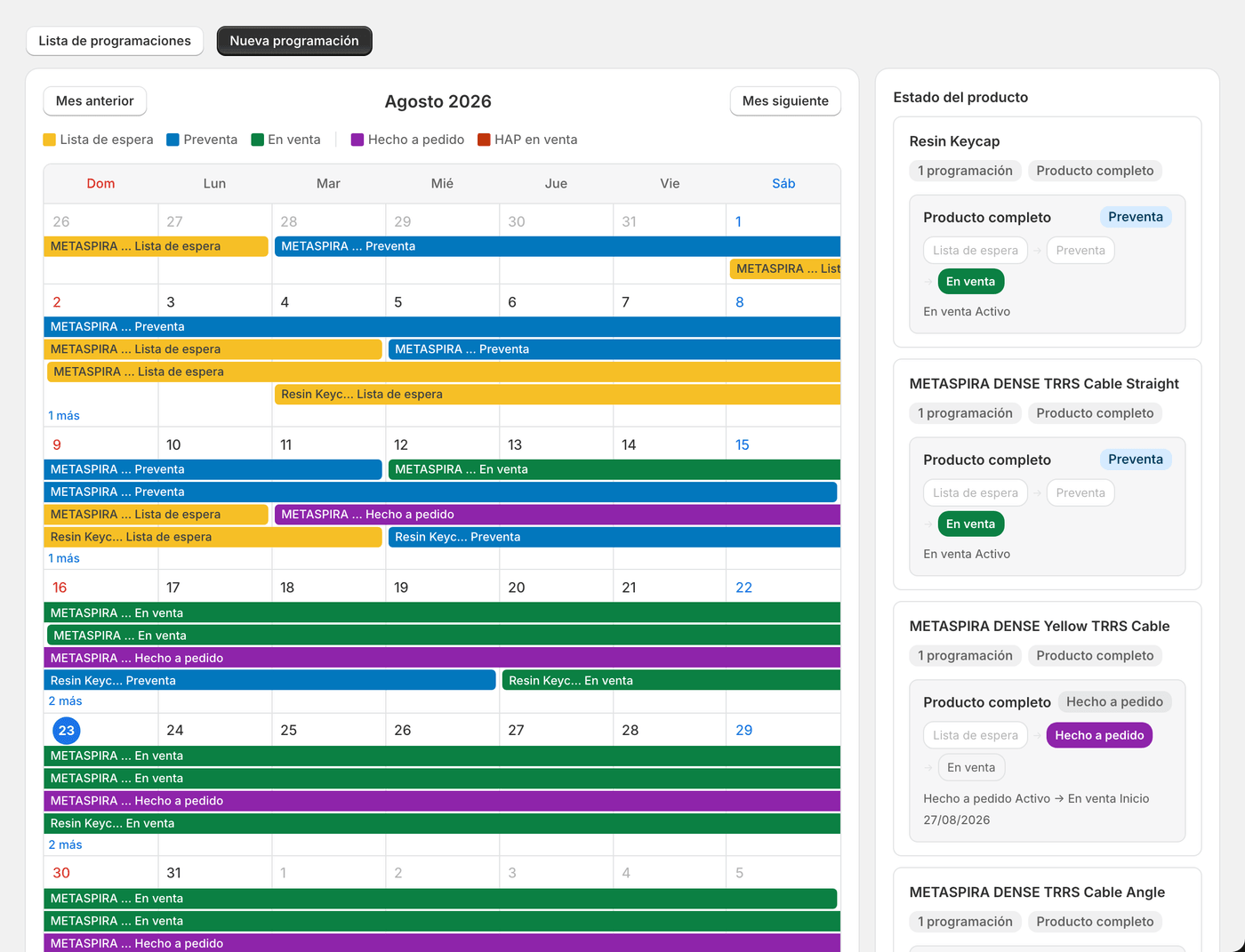 El calendario de ventas. El plan de todos los productos del mes de un vistazo.