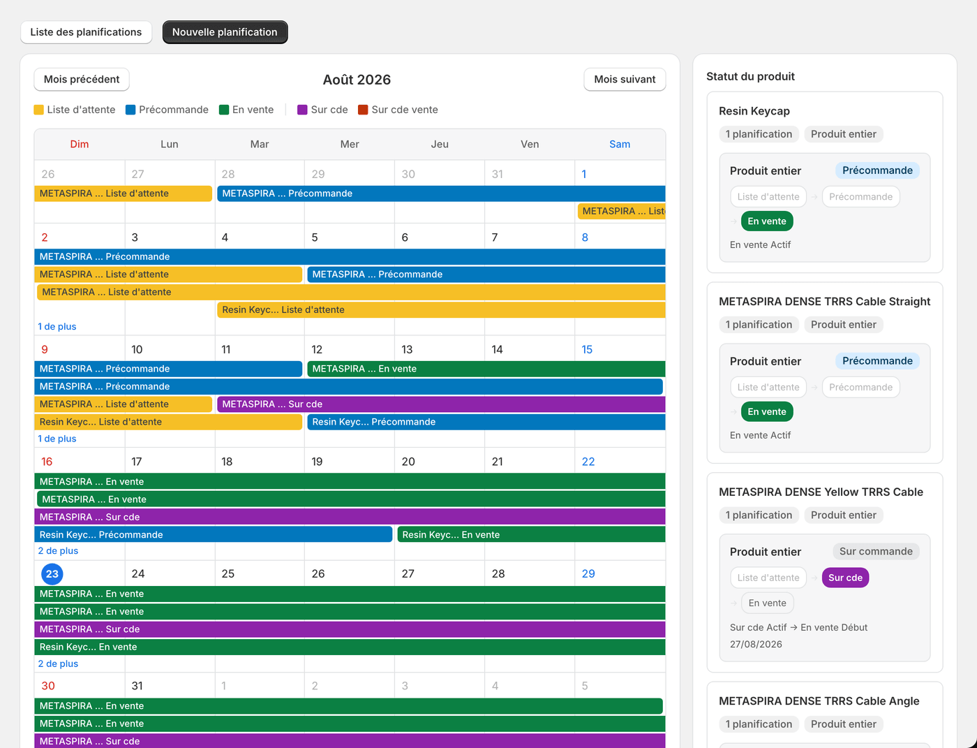 Le calendrier des ventes. Le programme de tous les produits pour le mois, d'un coup d'œil.