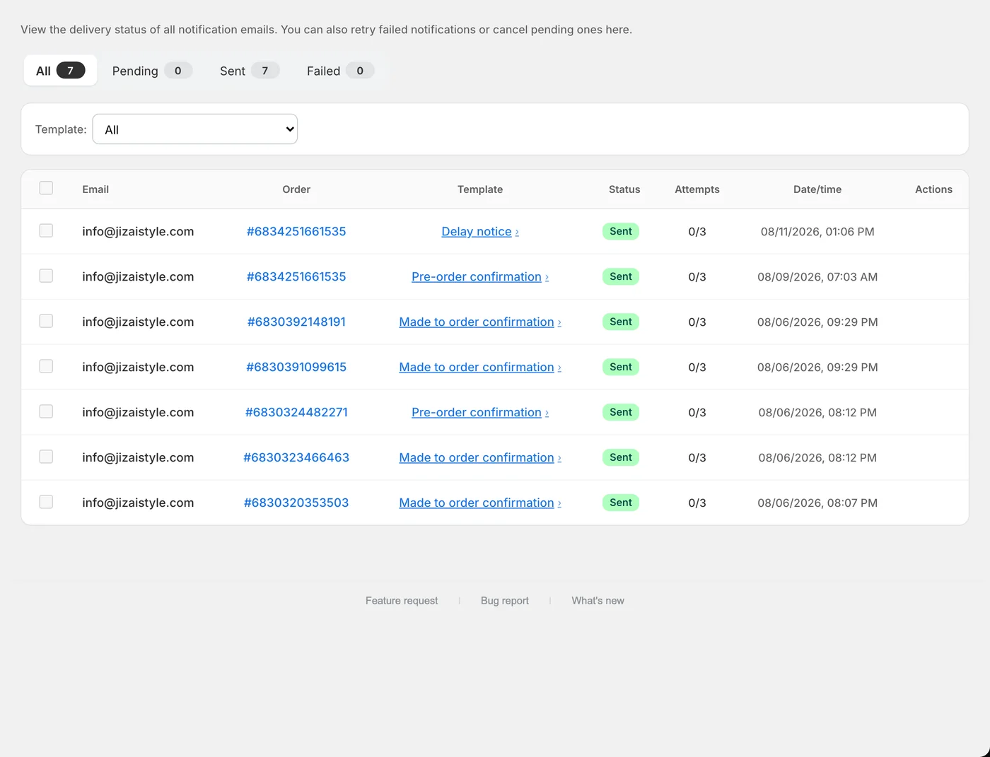 The Delivery log screen, where you check which emails went out when and whether anything failed