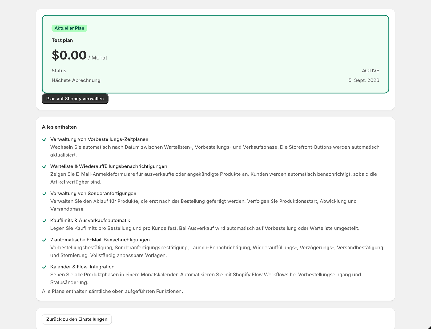 Der Tarifbildschirm. Vertragsstatus und nächstes Rechnungsdatum stehen hier.