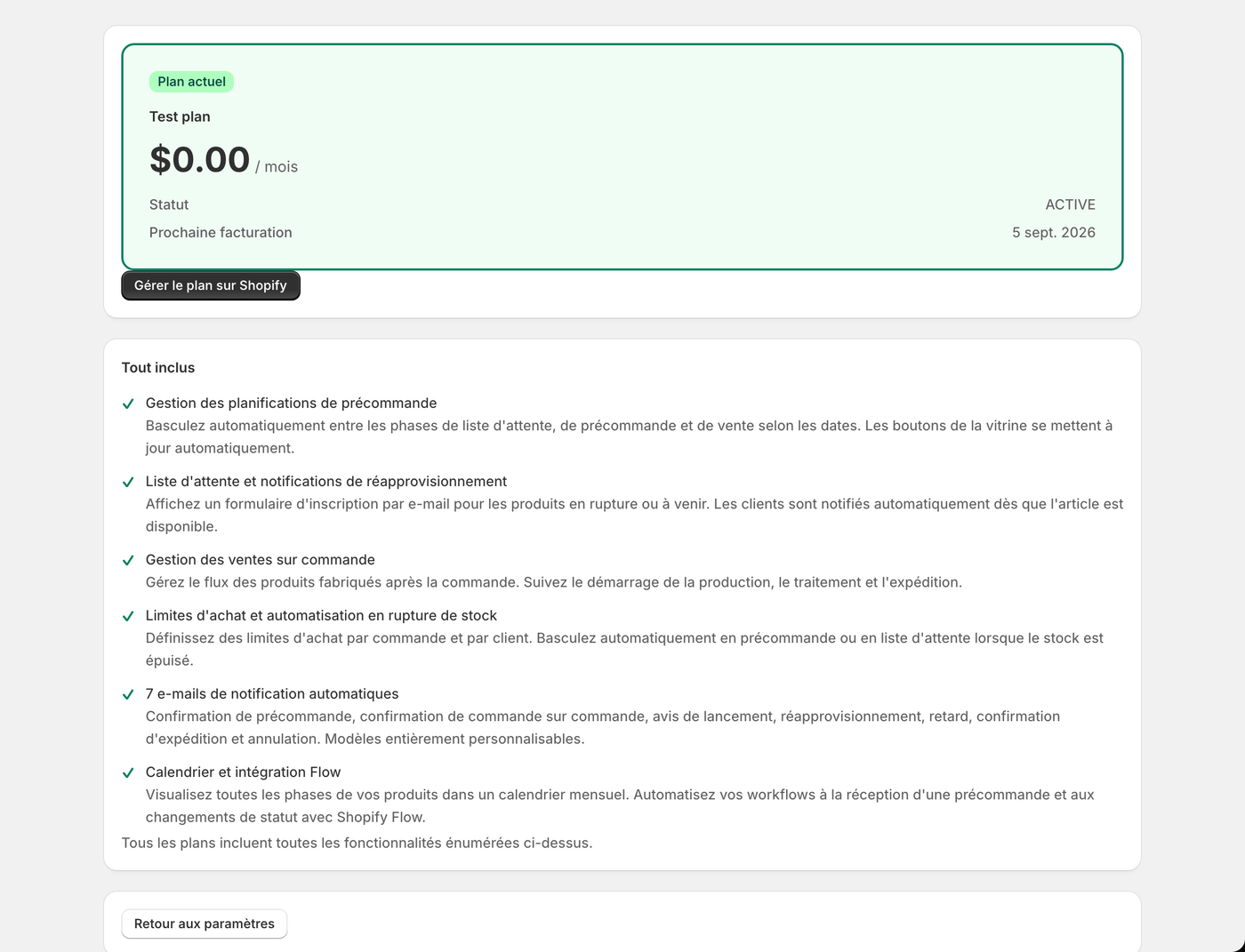 L'écran du forfait. Statut du contrat et prochaine date de facturation s'y trouvent.