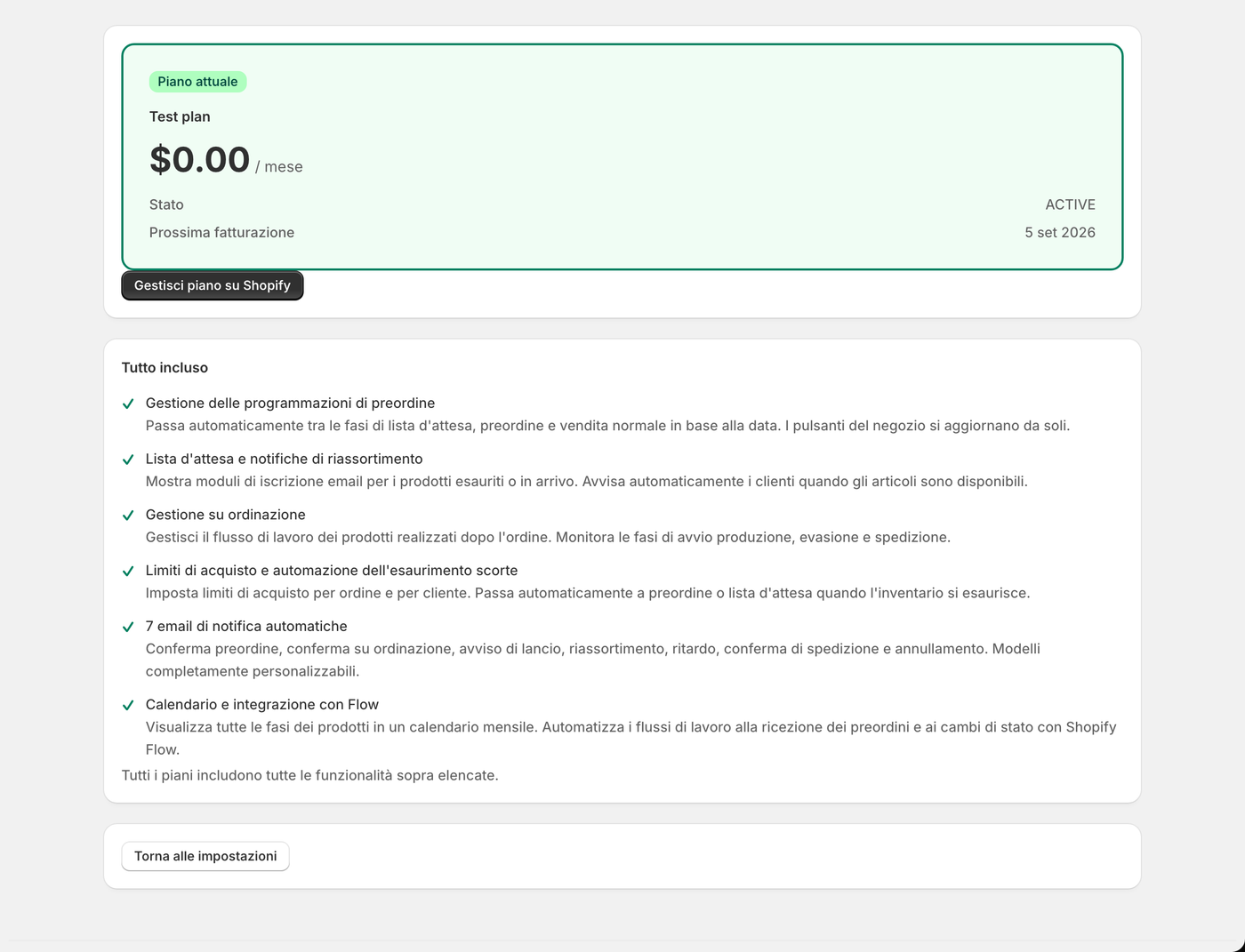 La schermata del piano. Stato del contratto e prossima data di addebito sono qui.