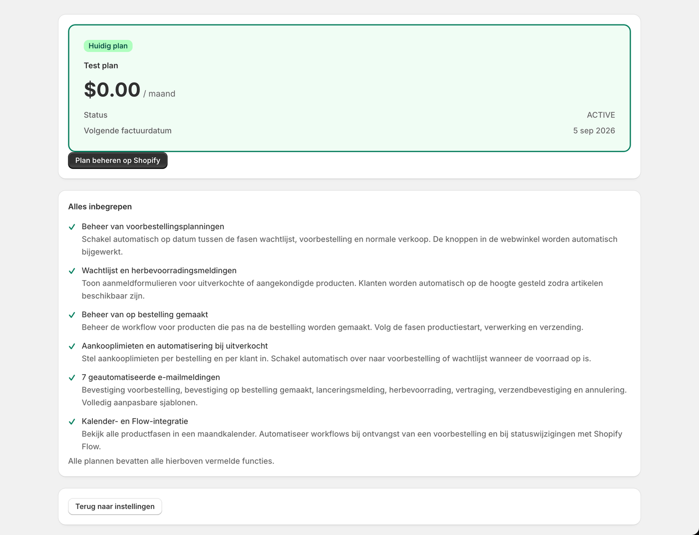 Het abonnementsscherm. Je contractstatus en de volgende factuurdatum staan hier.