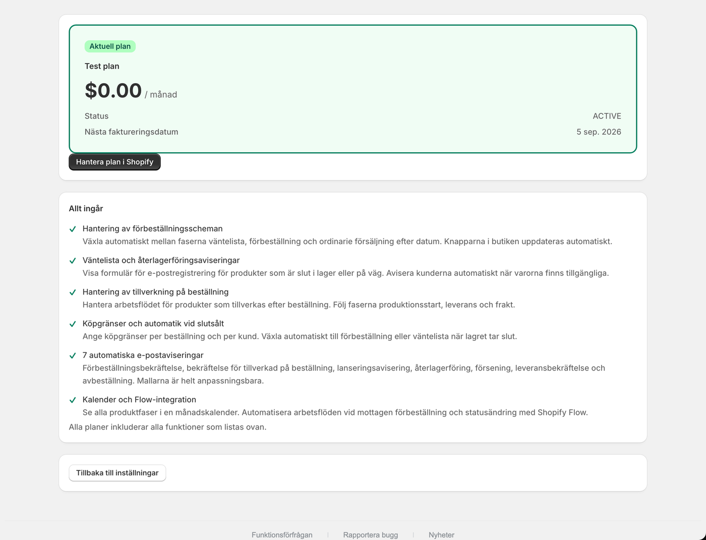 Abonnemangsvyn. Avtalsstatus och nästa faktureringsdatum finns här.