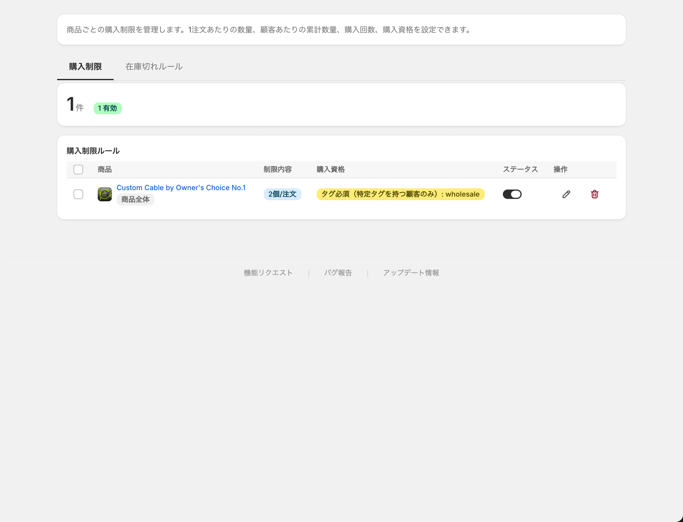 購入制限の一覧。制限内容と有効／無効がひと目で分かります。