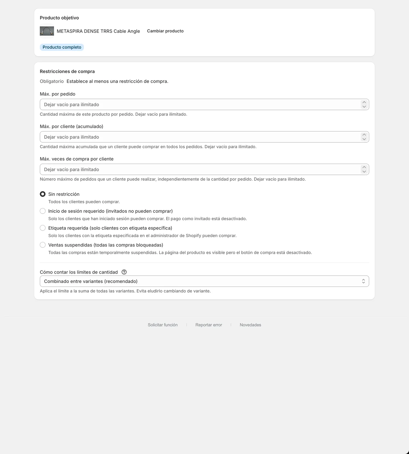 La pantalla de regla de restricciones de compra de SellRules: bajo el producto elegido, los tres campos de tope, los cuatro requisitos y la forma de contar