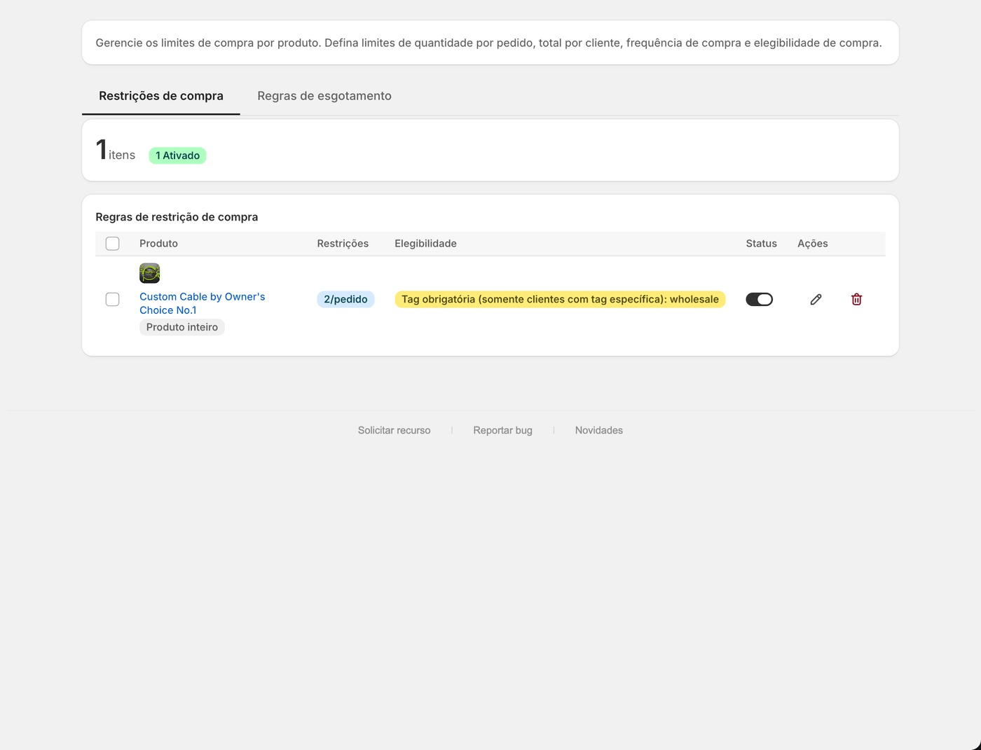 A lista de limites de compra. O que cada regra limita e se está ativa vê-se num relance.