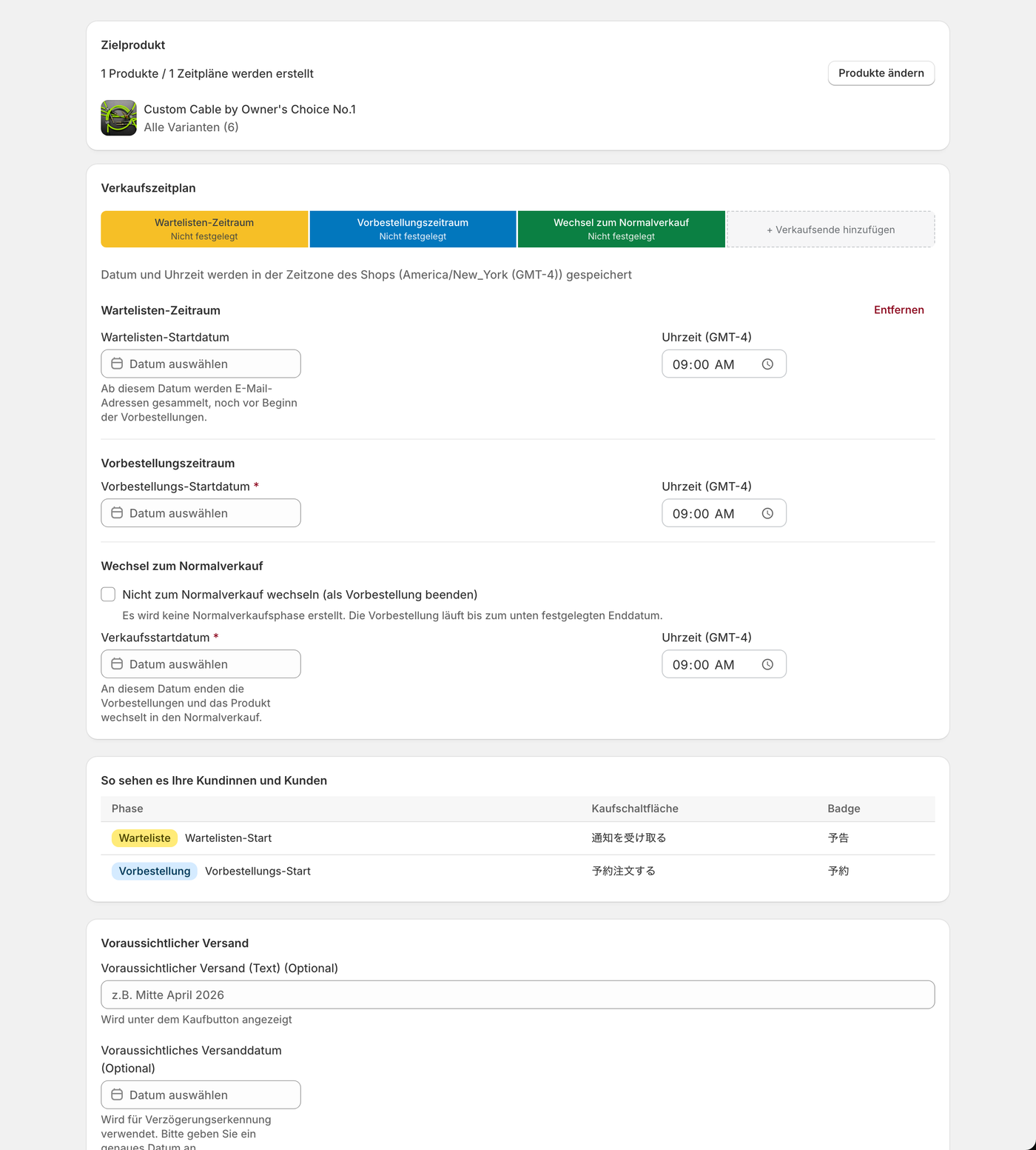 Obere Hälfte des Anlegen-Bildschirms. Die Leiste zeigt den Ablauf, darunter stehen die Startzeitpunkte der Phasen.