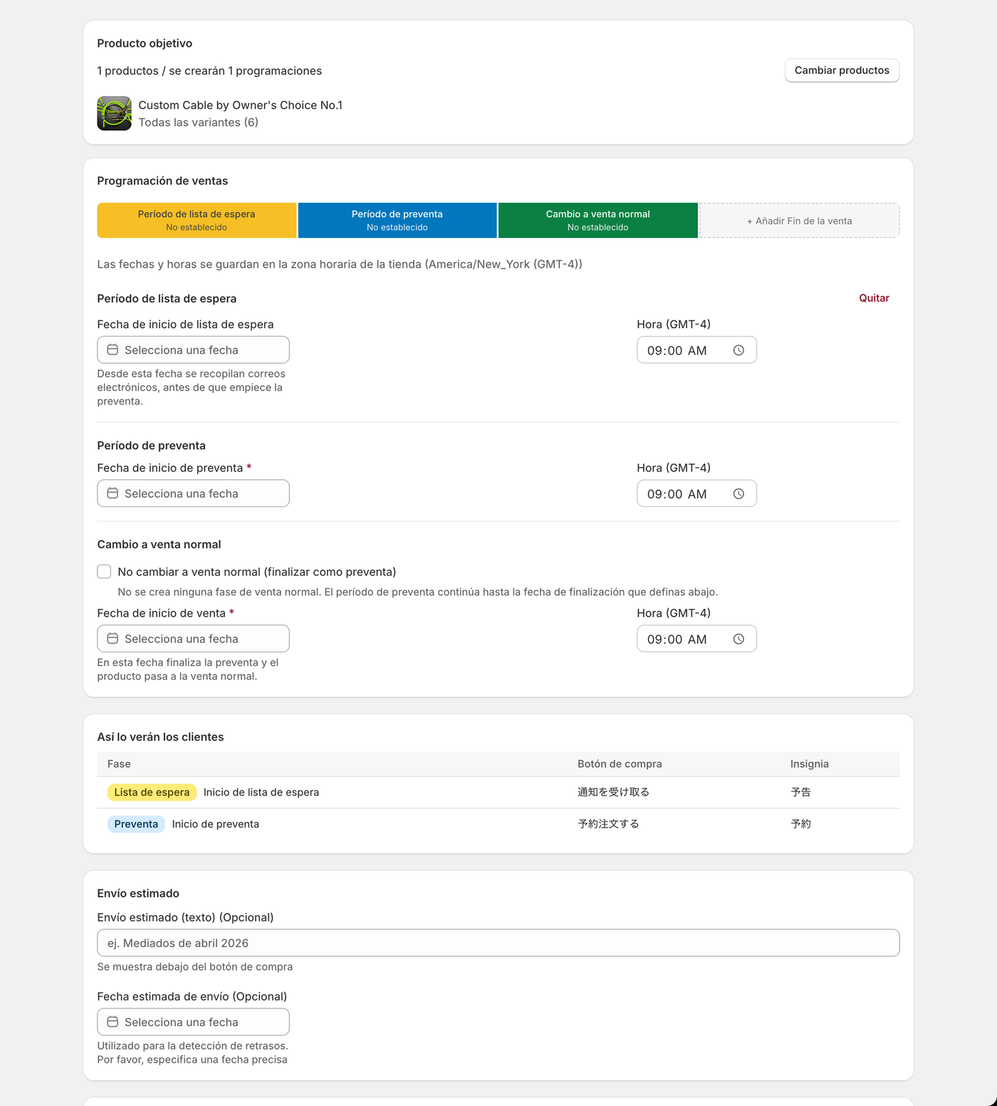 Mitad superior de la pantalla de creación. La barra muestra el recorrido; debajo están las fechas de inicio de cada fase.